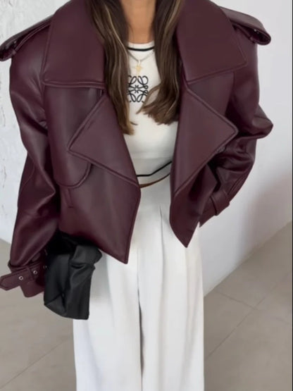 UrbanEdge | Chic Solid Color Lapel Cropped Lederjacke